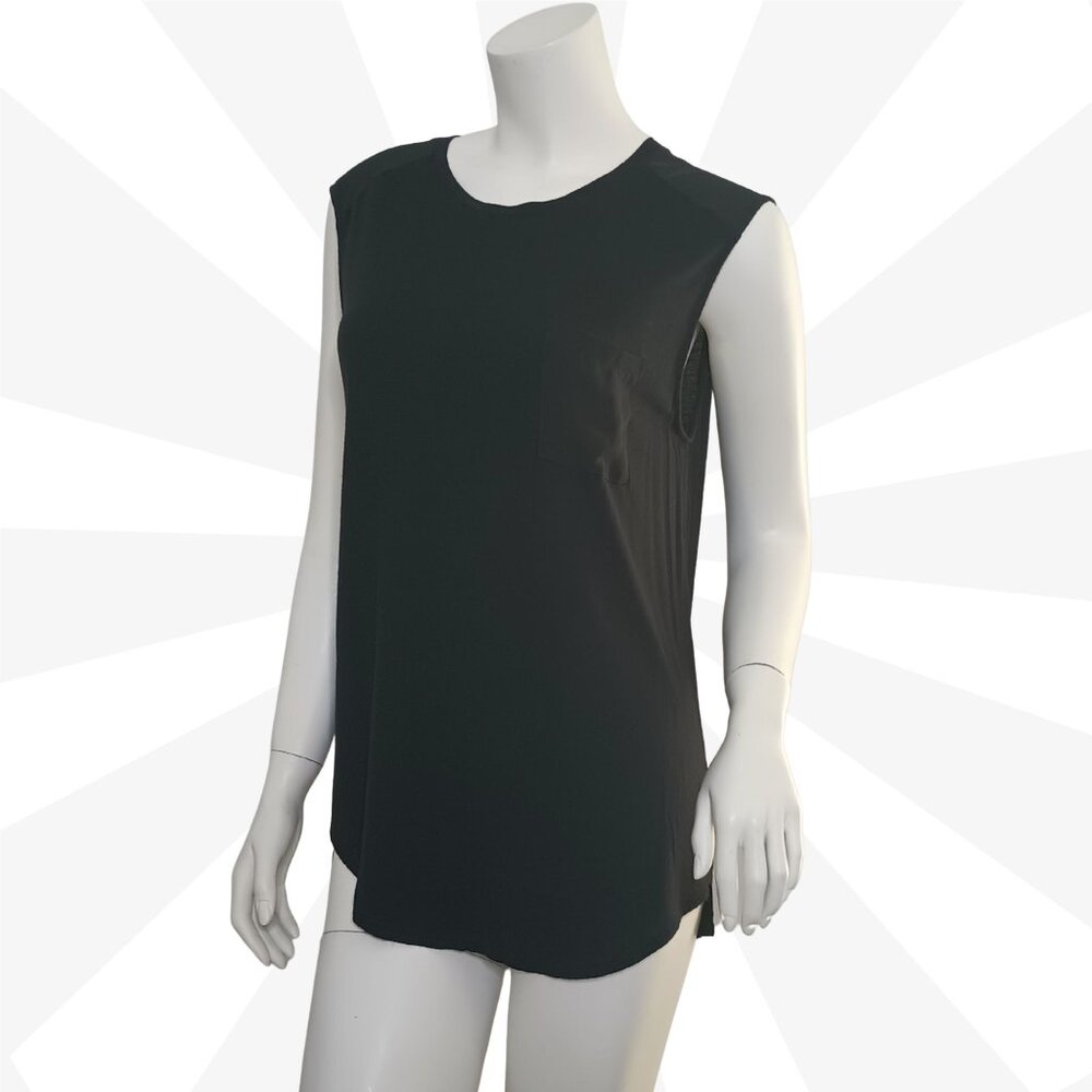 Loft Black Tank Top Size L Round Neck Sleevel Pleated Pocket Asymmetrical Hem